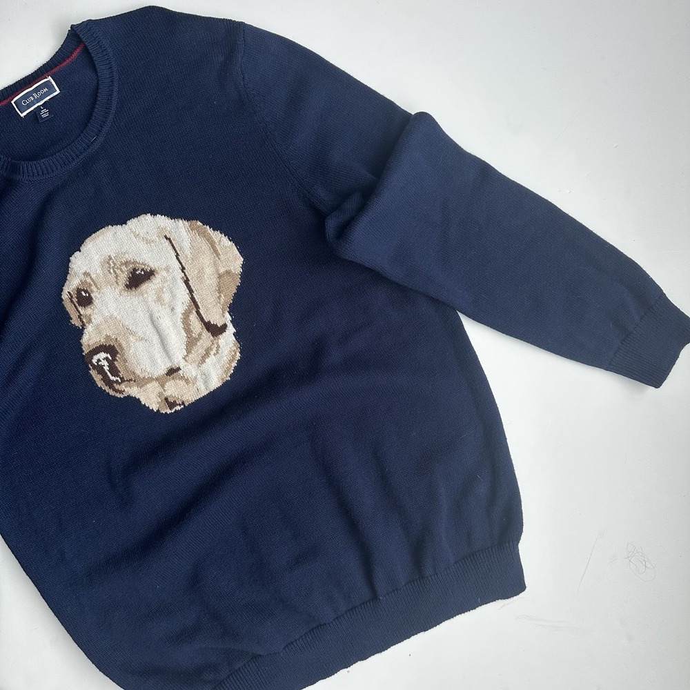 Club Room Labrador Sweater Mens L Navy Blue 100% Cotton Knit Dog Graphic Preppy